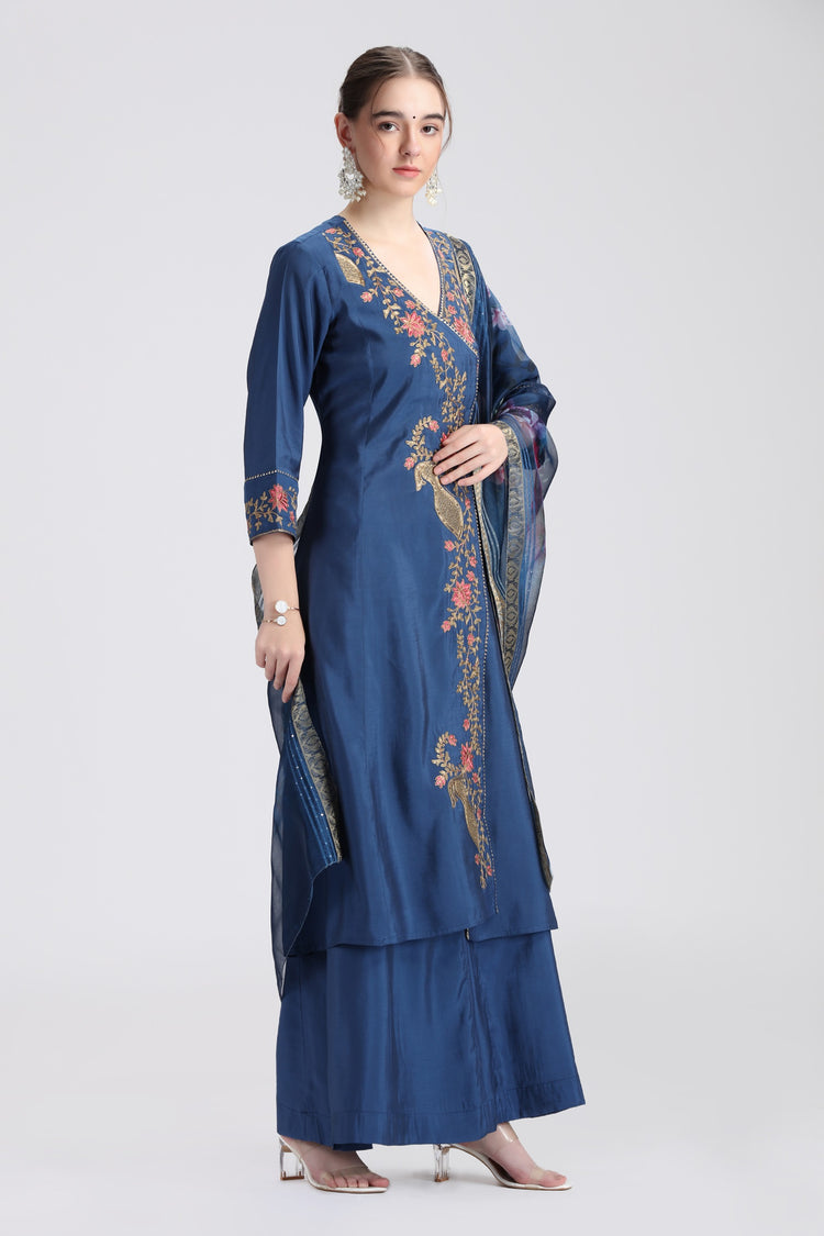 Royal Blue Roman Silk Embroidered A Line Kurta and Dupatta Set