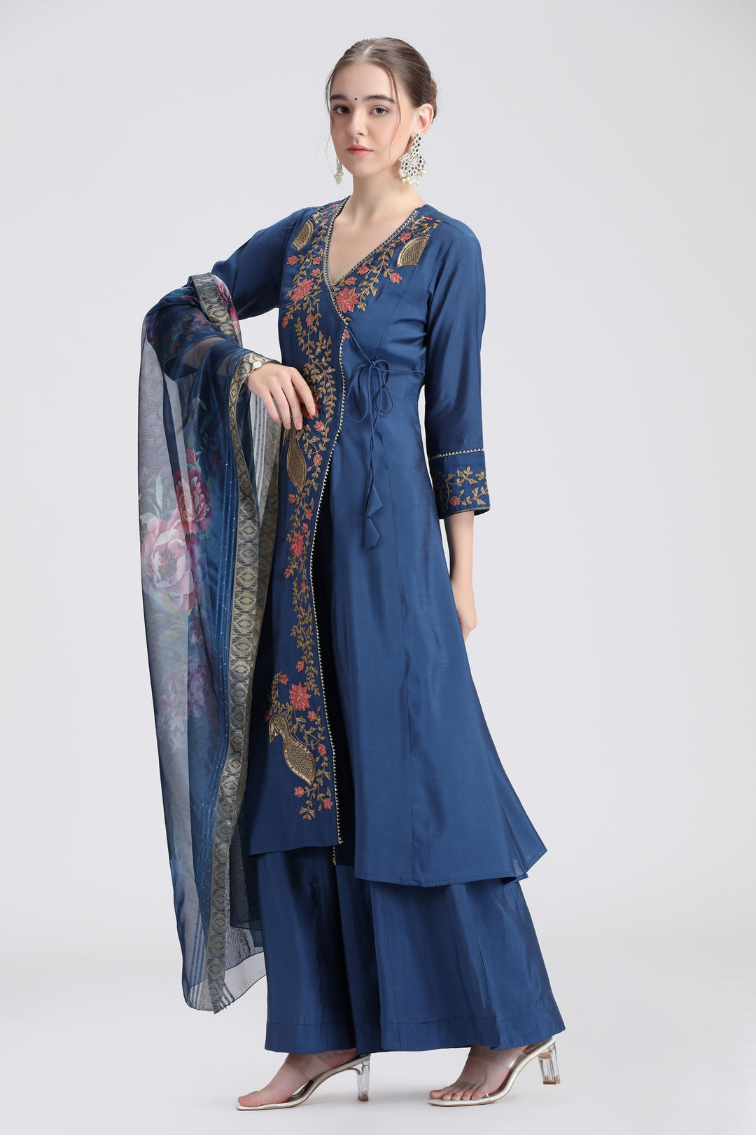 Royal Blue Roman Silk Embroidered A Line Kurta and Dupatta Set