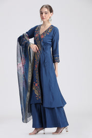 Royal Blue Roman Silk Embroidered A Line Kurta and Dupatta Set