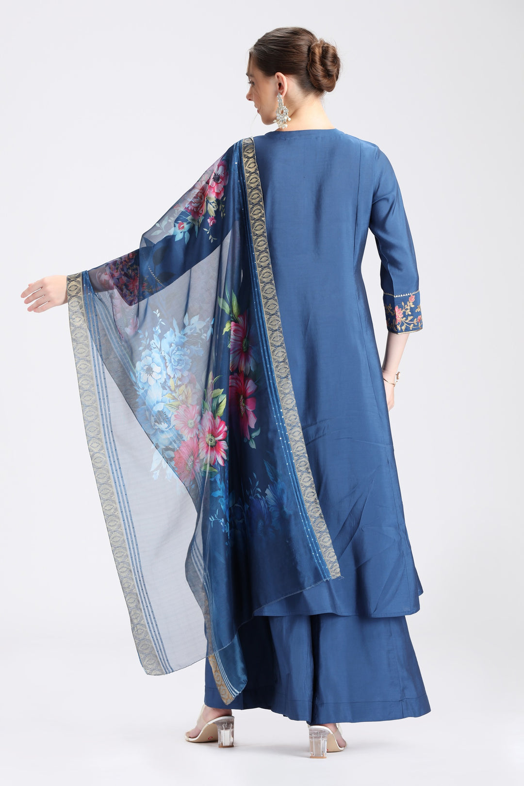 Royal Blue Roman Silk Embroidered A Line Kurta and Dupatta Set
