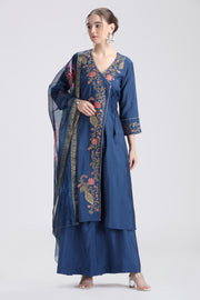Royal Blue Roman Silk Embroidered A Line Kurta and Dupatta Set