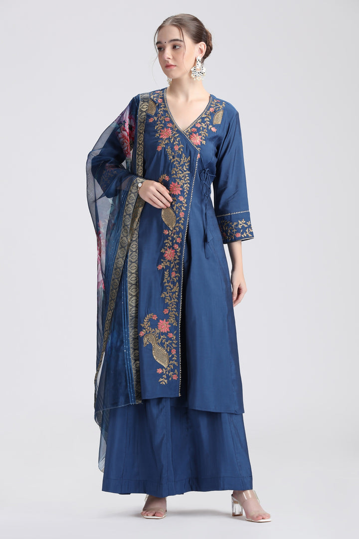 Royal Blue Roman Silk Embroidered A Line Kurta and Dupatta Set