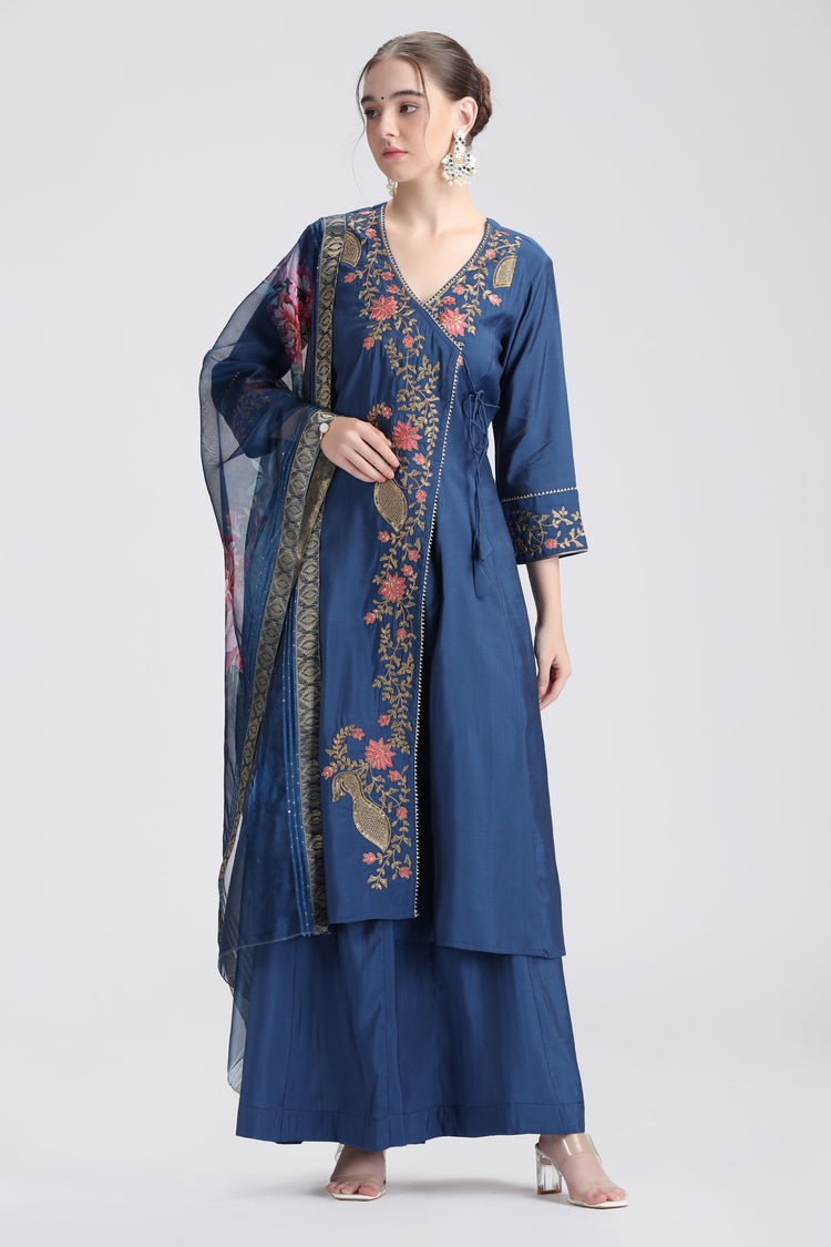 Royal Blue Roman Silk Embroidered A Line Kurta and Dupatta Set