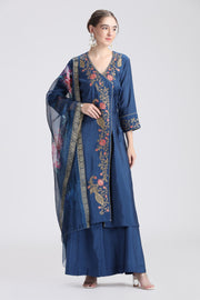 Royal Blue Roman Silk Embroidered A Line Kurta and Dupatta Set
