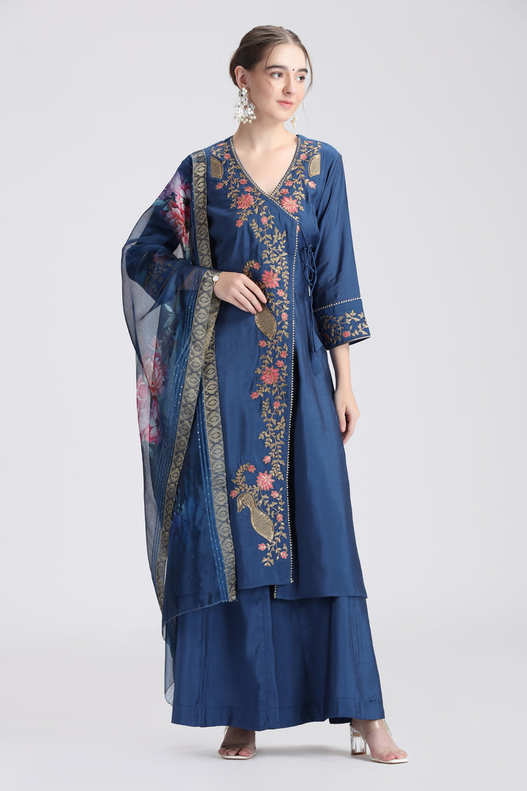 Royal Blue Roman Silk Embroidered A Line Kurta and Dupatta Set