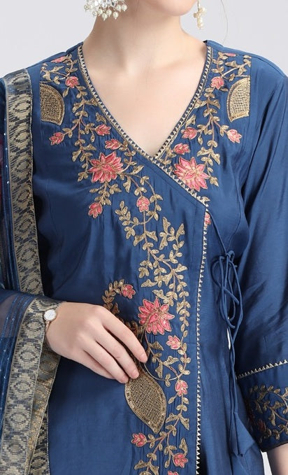 Royal Blue Roman Silk Embroidered A Line Kurta and Dupatta Set