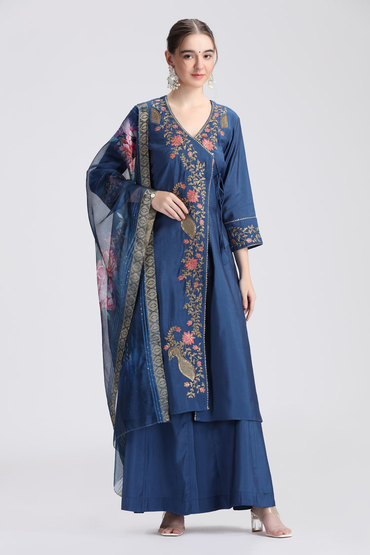 Royal Blue Roman Silk Embroidered A Line Kurta and Dupatta Set