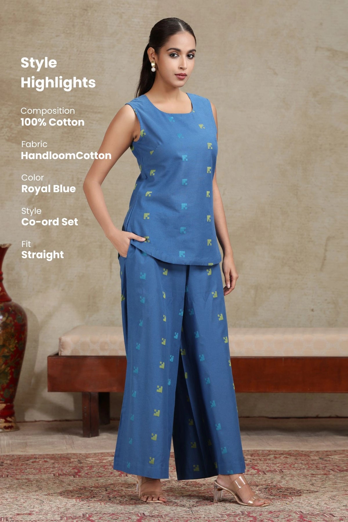 Royal Blue Solid Cotton Straight Co-ord Set