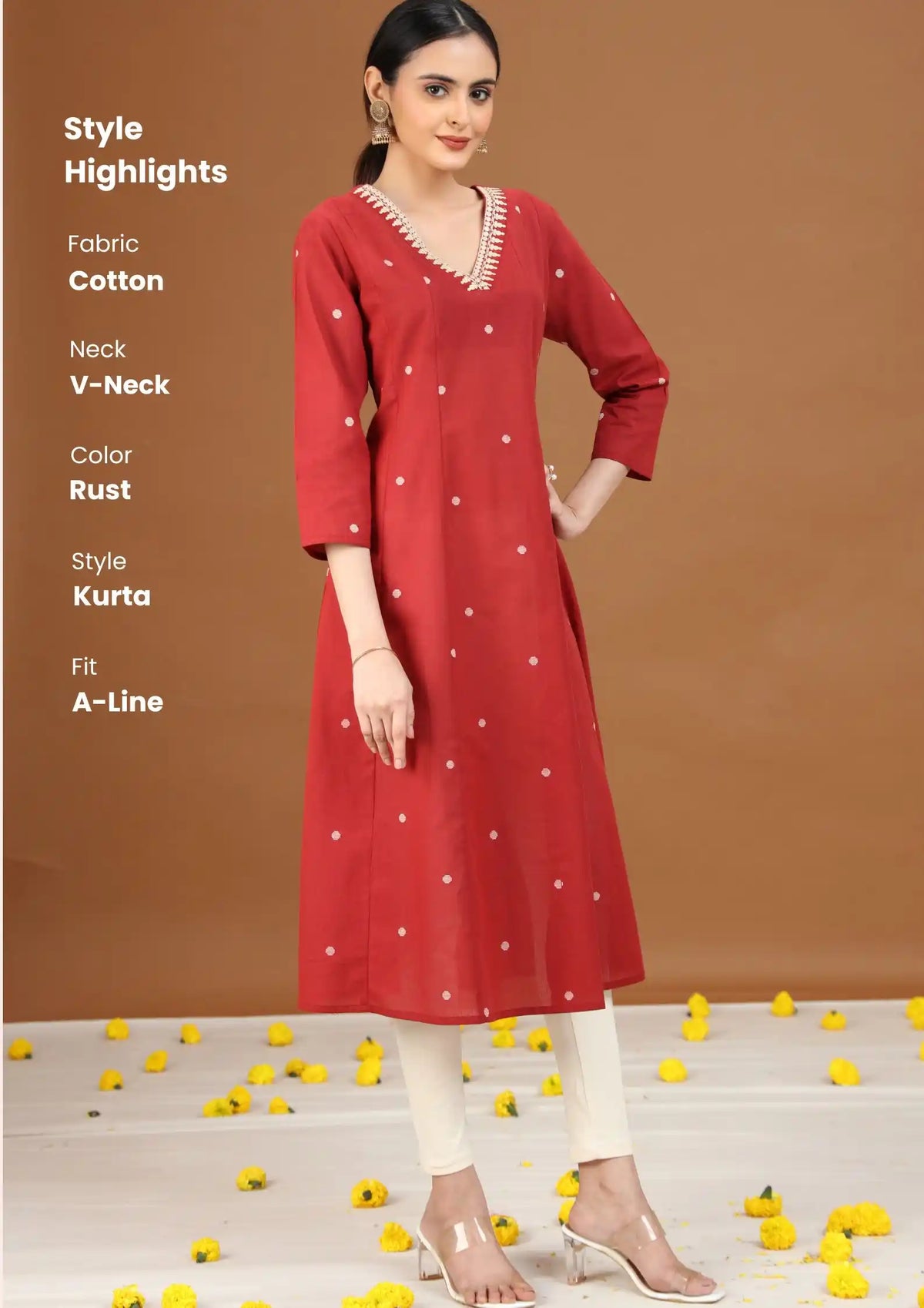 Rust Cotton A-Line Embroidered Cotton Kurta