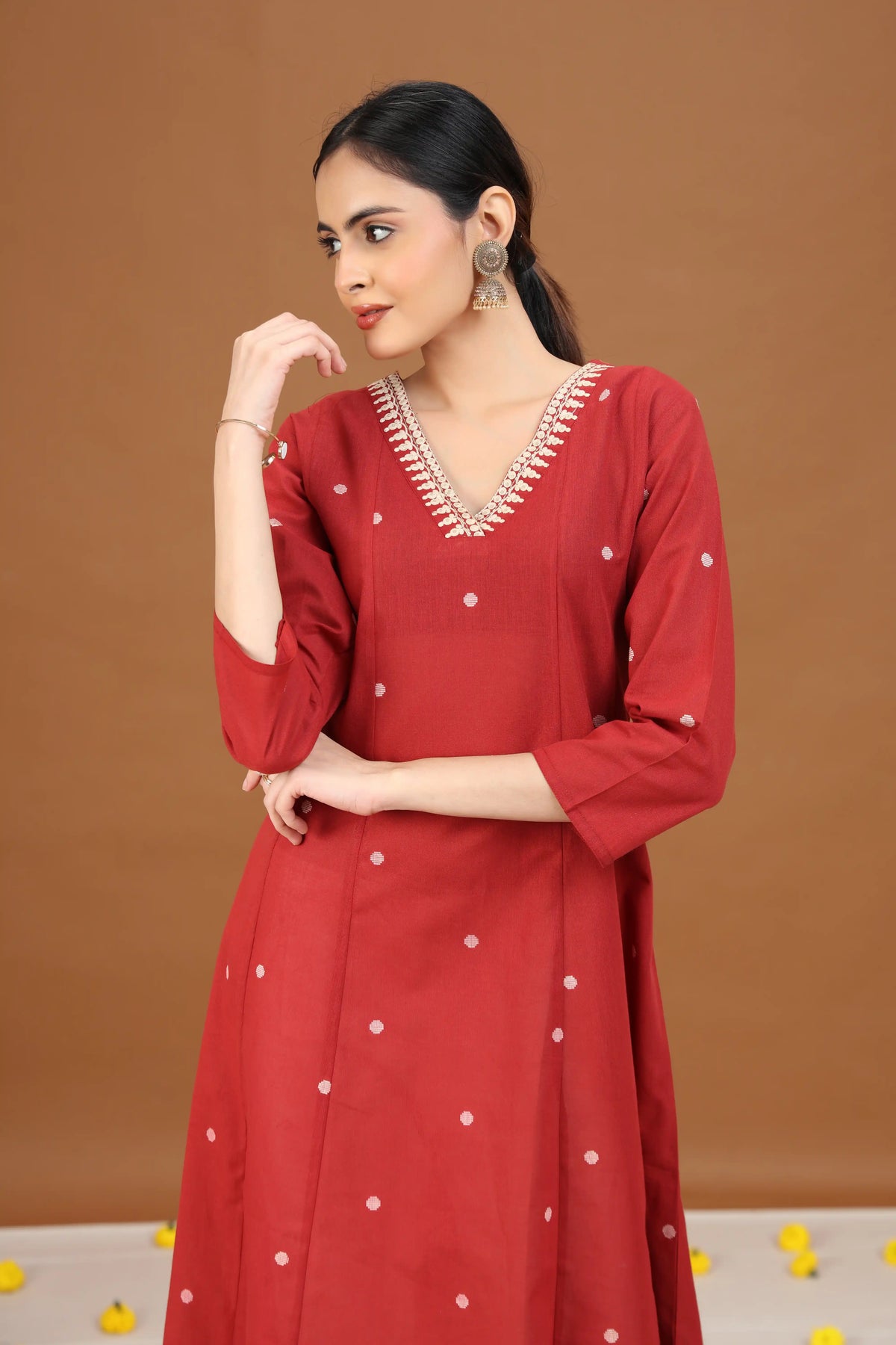 Rust Cotton A-Line Embroidered Cotton Kurta