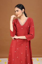 Rust Cotton A-Line Embroidered Cotton Kurta