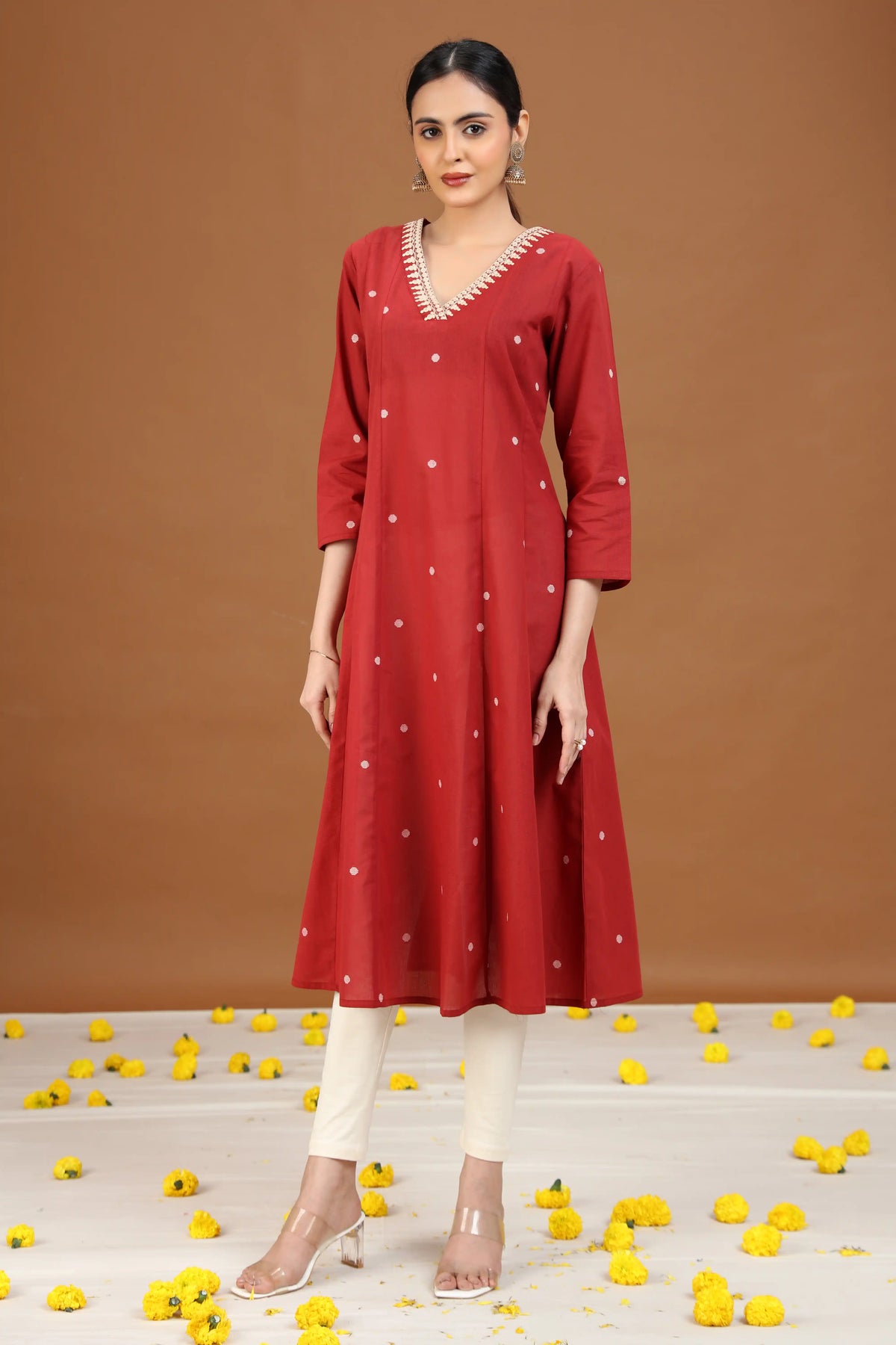 Rust Cotton A-Line Embroidered Cotton Kurta