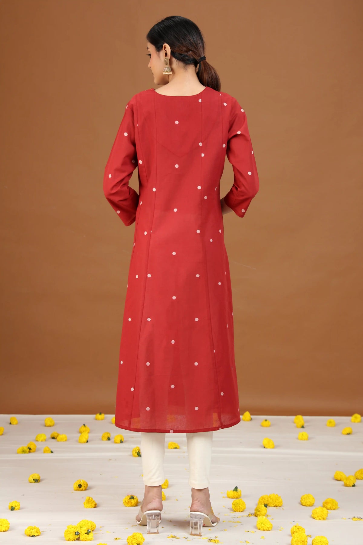 Rust Cotton A-Line Embroidered Cotton Kurta