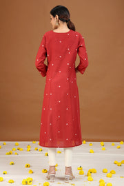 Rust Cotton A-Line Embroidered Cotton Kurta