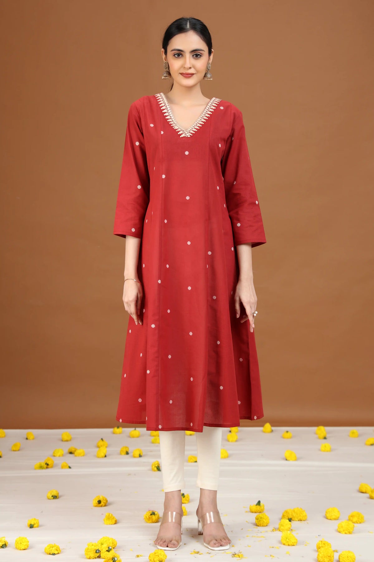 Rust Cotton A-Line Embroidered Cotton Kurta