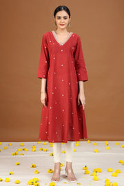 Rust Cotton A-Line Embroidered Cotton Kurta