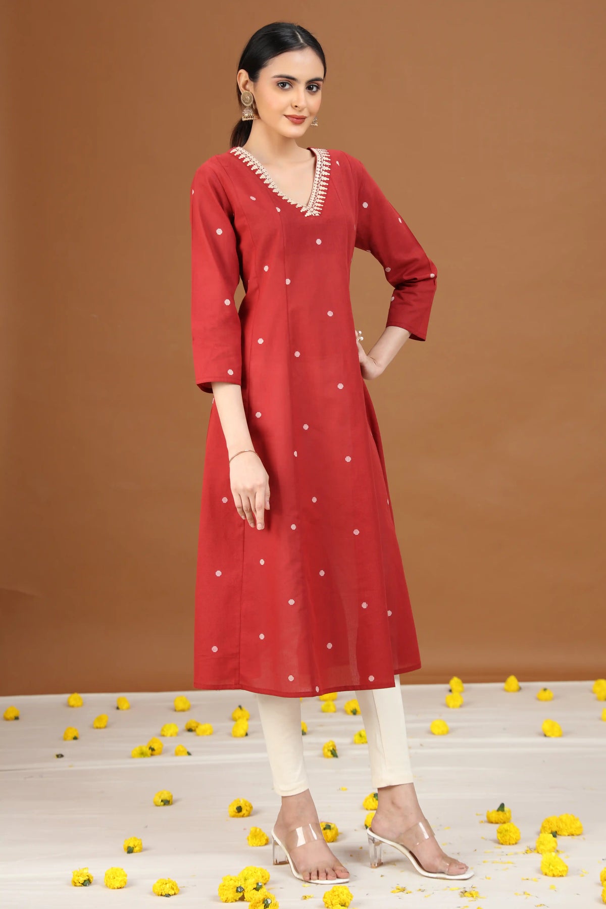 Rust Cotton A-Line Embroidered Cotton Kurta