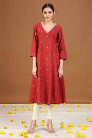Rust Cotton A-Line Embroidered Cotton Kurta