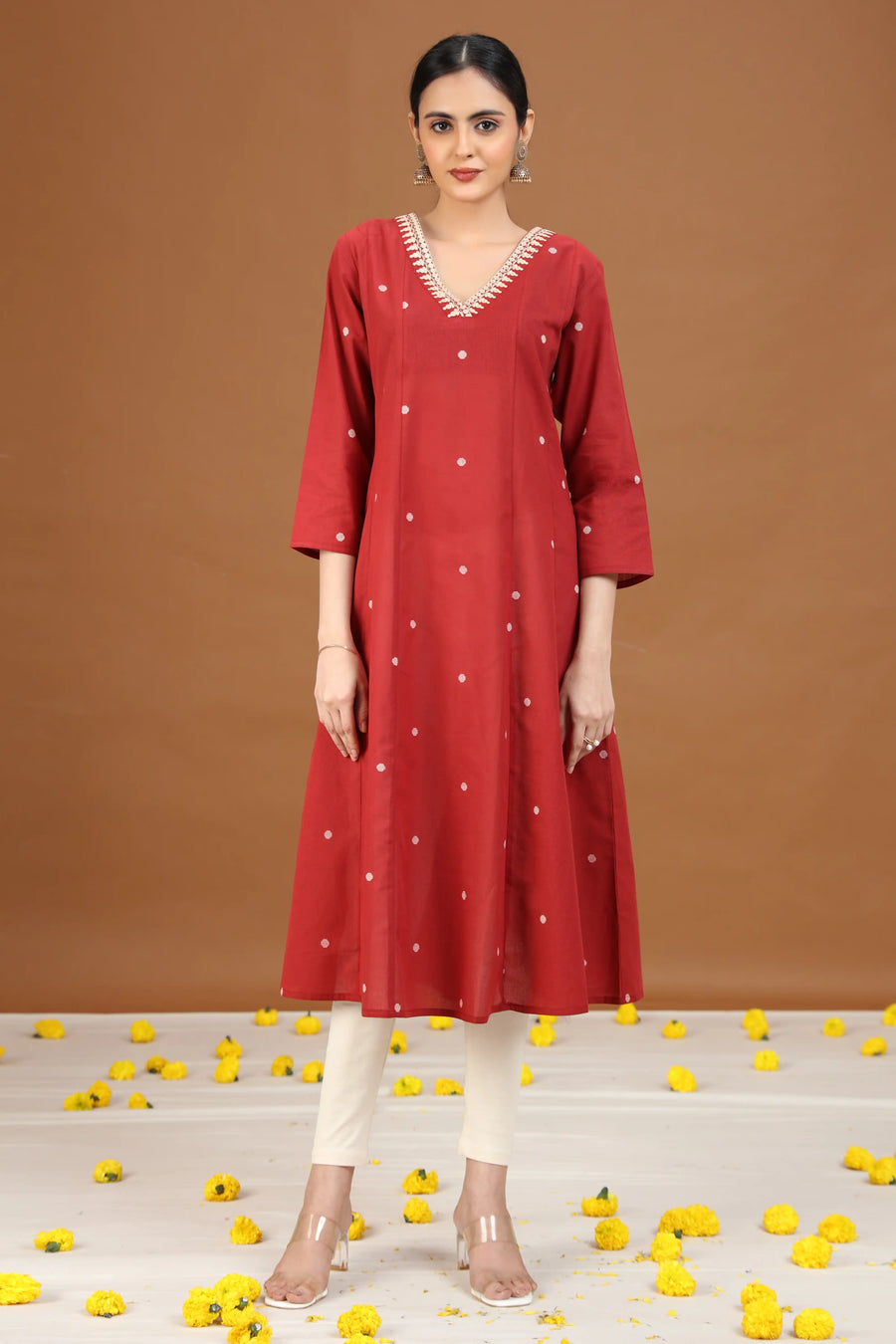Rust Cotton A-Line Embroidered Cotton Kurta
