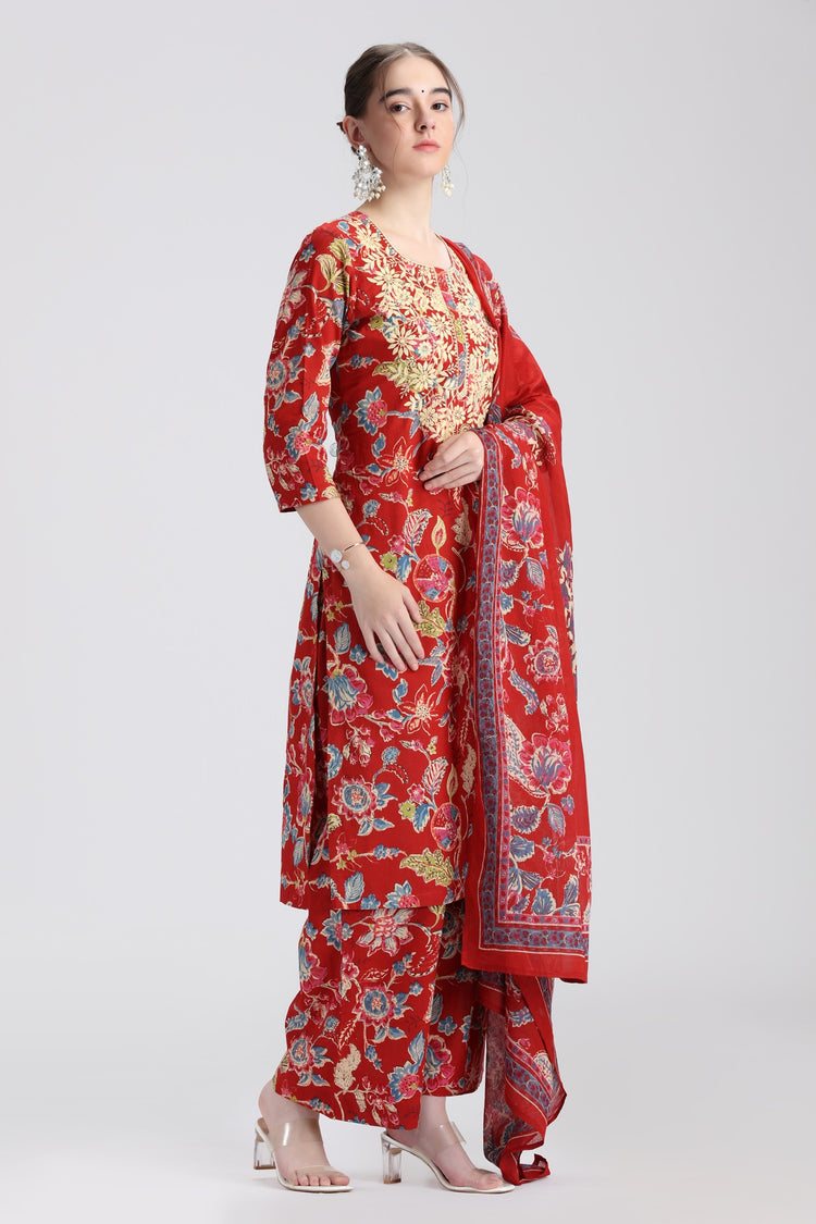 Rust Cotton Embroidered Straight Kurta Pant and Dupatta Suit Set