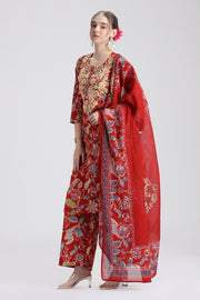 Rust Cotton Embroidered Straight Kurta Pant and Dupatta Suit Set