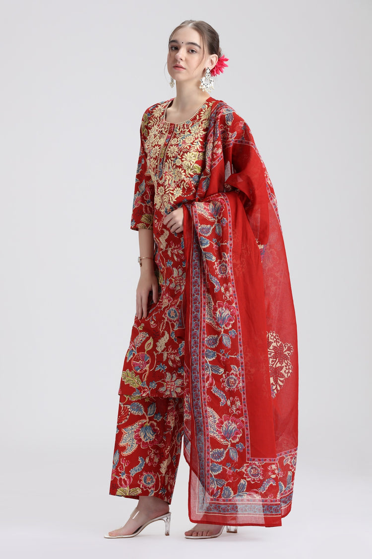 Rust Cotton Embroidered Straight Kurta Pant and Dupatta Suit Set