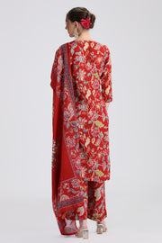 Rust Cotton Embroidered Straight Kurta Pant and Dupatta Suit Set