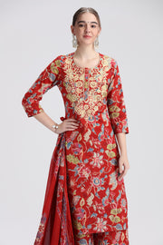 Rust Cotton Embroidered Straight Kurta Pant and Dupatta Suit Set