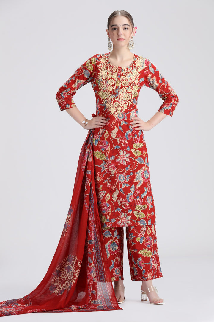 Rust Cotton Embroidered Straight Kurta Pant and Dupatta Suit Set