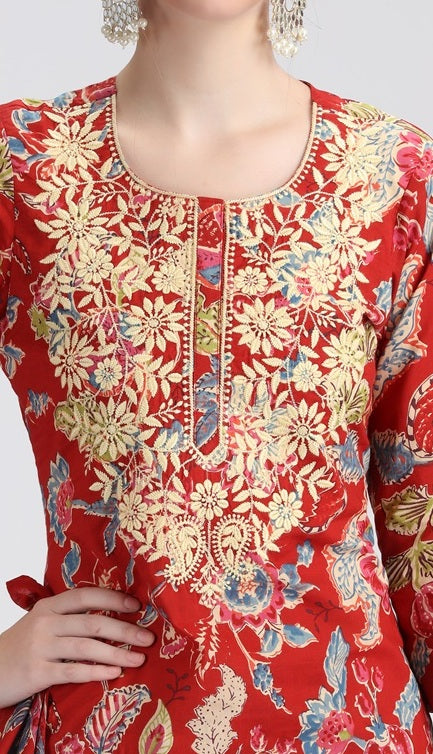 Rust Cotton Embroidered Straight Kurta Pant and Dupatta Suit Set