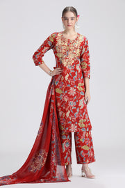 Rust Cotton Embroidered Straight Kurta Pant and Dupatta Suit Set