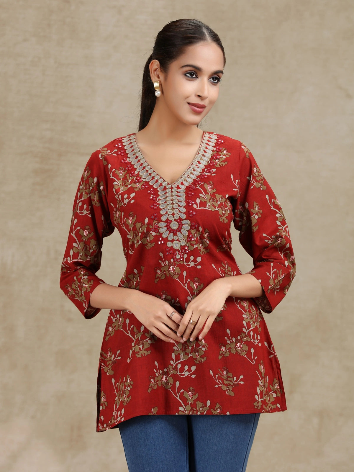 Rust Embroidered Straight Cotton Tunic