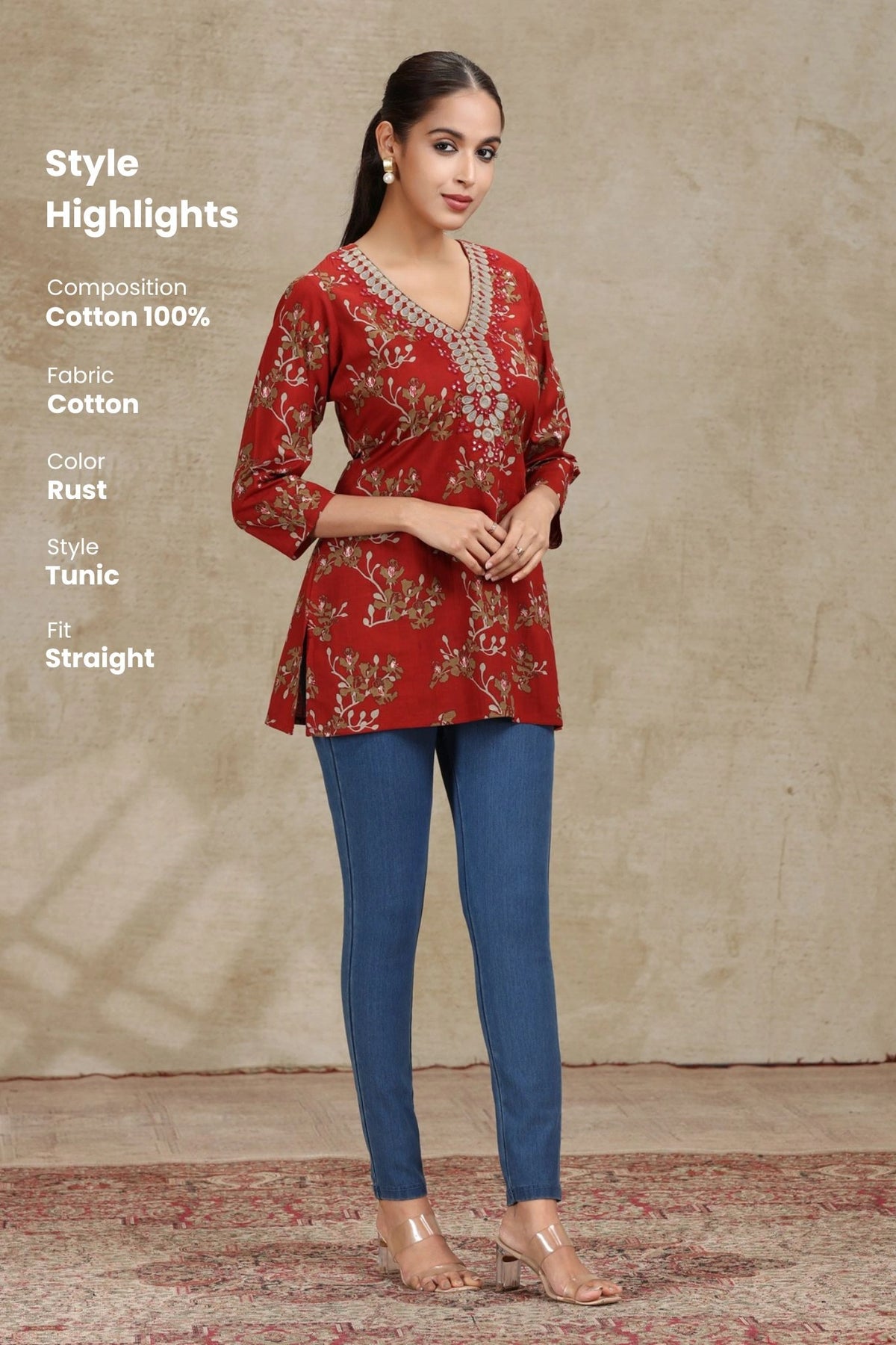 Rust Embroidered Straight Cotton Tunic