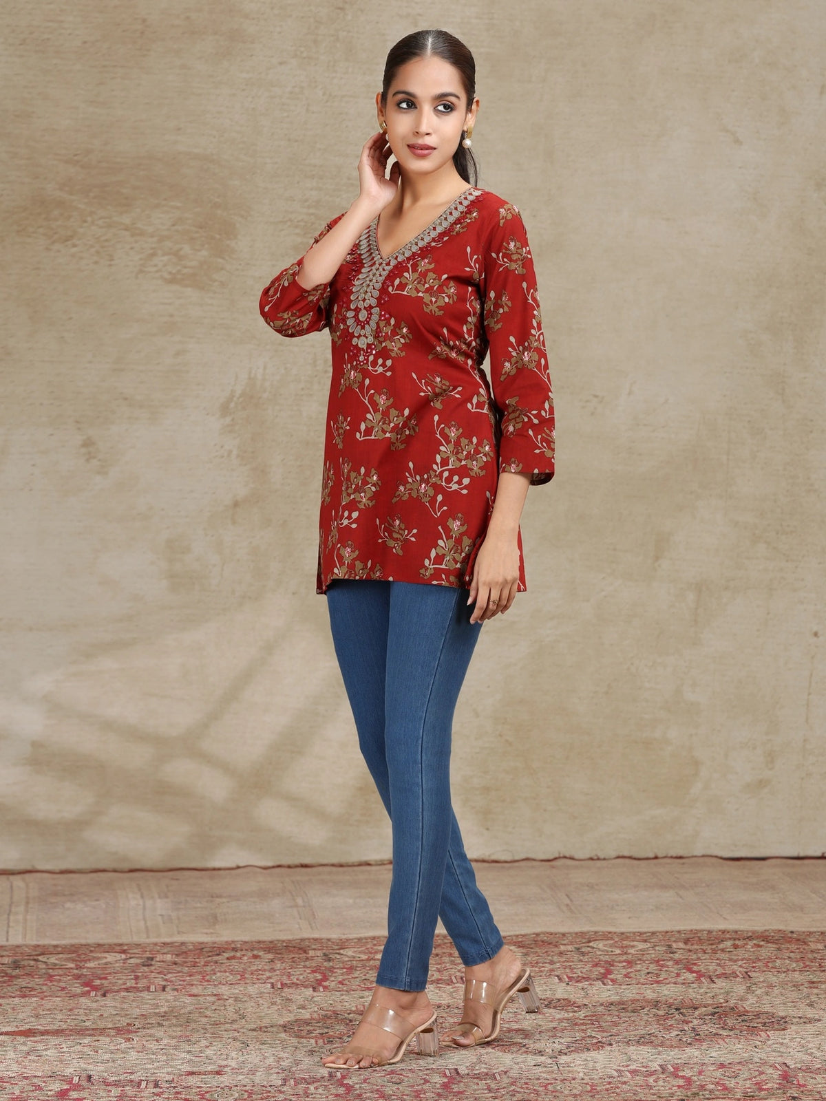 Rust Embroidered Straight Cotton Tunic