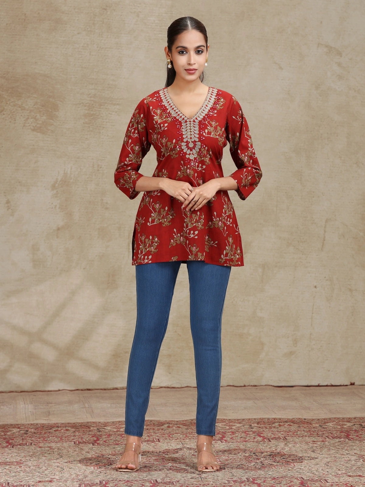 Rust Embroidered Straight Cotton Tunic