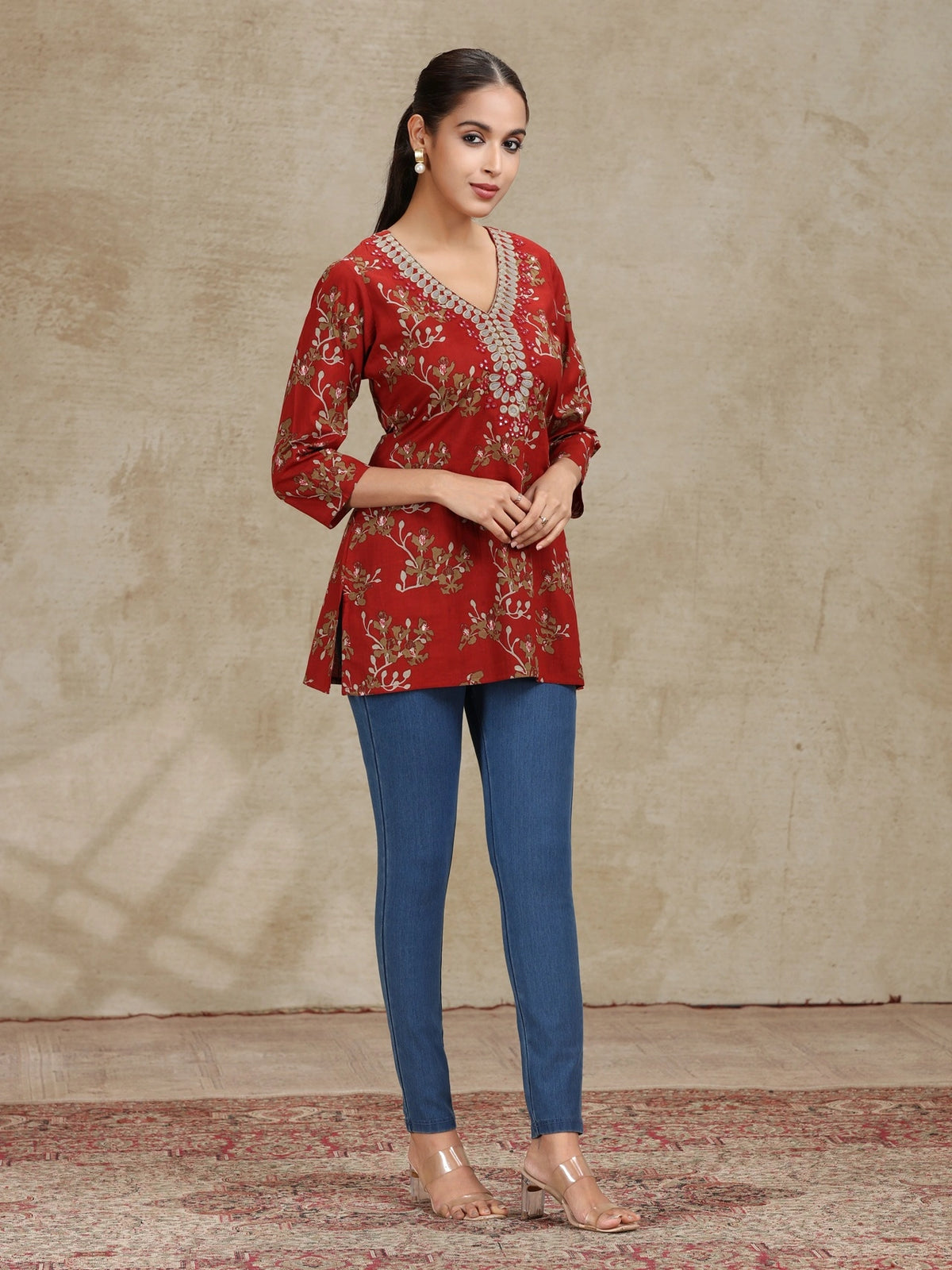 Rust Embroidered Straight Cotton Tunic