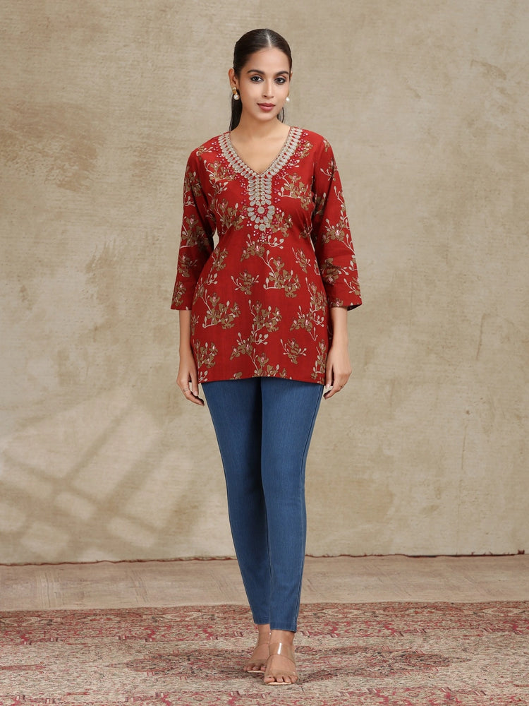 Rust Embroidered Straight Cotton Tunic