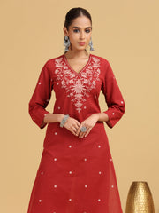 Rust Floral Embroidered Straight co-ord Set