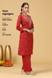 Rust Floral Embroidered Straight co-ord Set