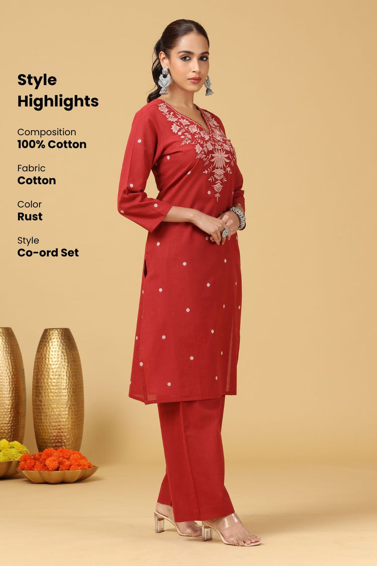 Rust Floral Embroidered Straight co-ord Set