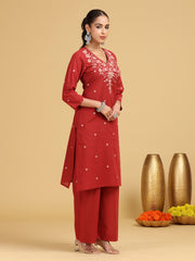 Rust Floral Embroidered Straight co-ord Set