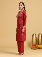 Rust Floral Embroidered Straight co-ord Set