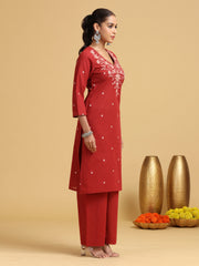 Rust Floral Embroidered Straight co-ord Set