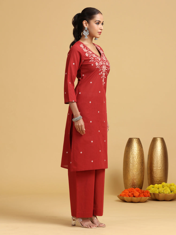 Rust Floral Embroidered Straight co-ord Set