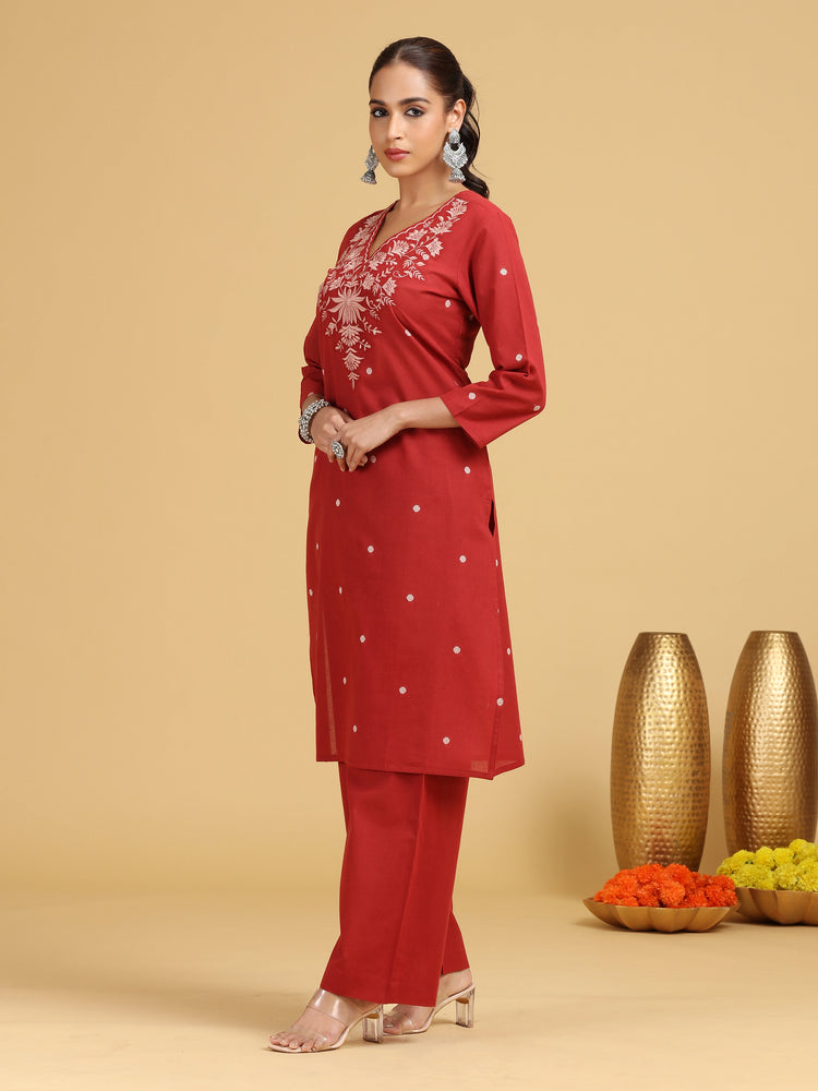 Rust Floral Embroidered Straight co-ord Set