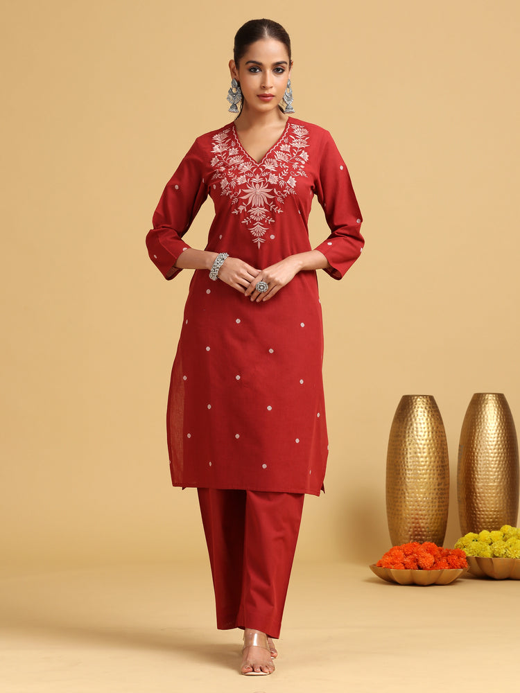 Rust Floral Embroidered Straight co-ord Set