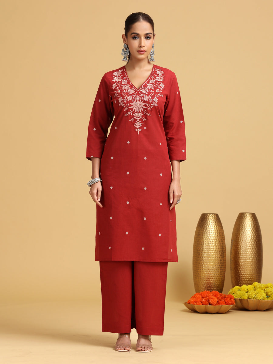 Rust Floral Embroidered Straight Co-ord Set