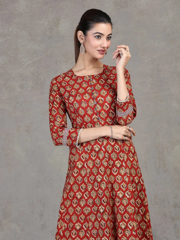 Rust Floral Printed A-Line Cotton Kurta