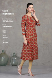 Rust Floral Printed A-Line Cotton Kurta