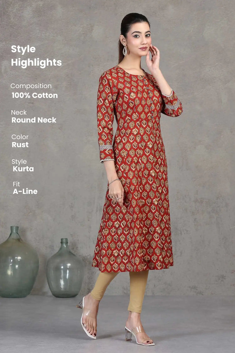 Rust Floral Printed A-Line Cotton Kurta